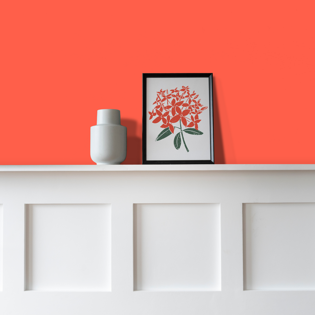 wall painted in Matisse Coral Emulsion Paint decorated with picture and vase